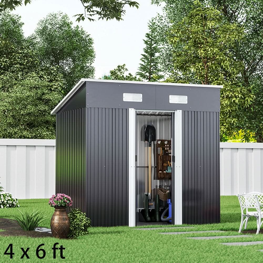 4 x 6 ft / 4 x 8 ft Steel Garden Shed with Skillion Roof Top Steel Black/Green